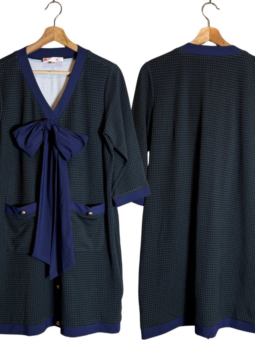 Jude Connally Houndstooth Bow Knee Length Dress Women's Small Green Navy NWOT